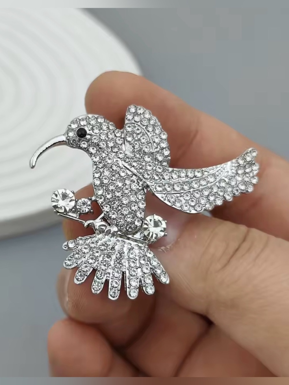 Crystal Hummingbird Pin Brooch - Silver Sparkle